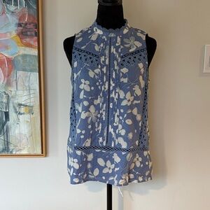 Anthropologie Vanessa Virginia Chic Blue and White Floral Sleeveless lace Blouse